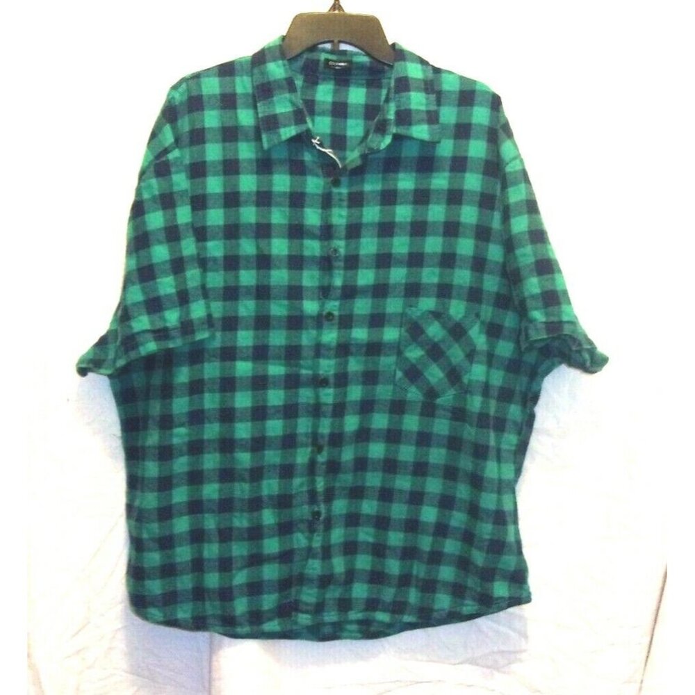 Coofandy Plaid Button Front Shirt Mens XXXL Green Blue Short Sleeve NEW